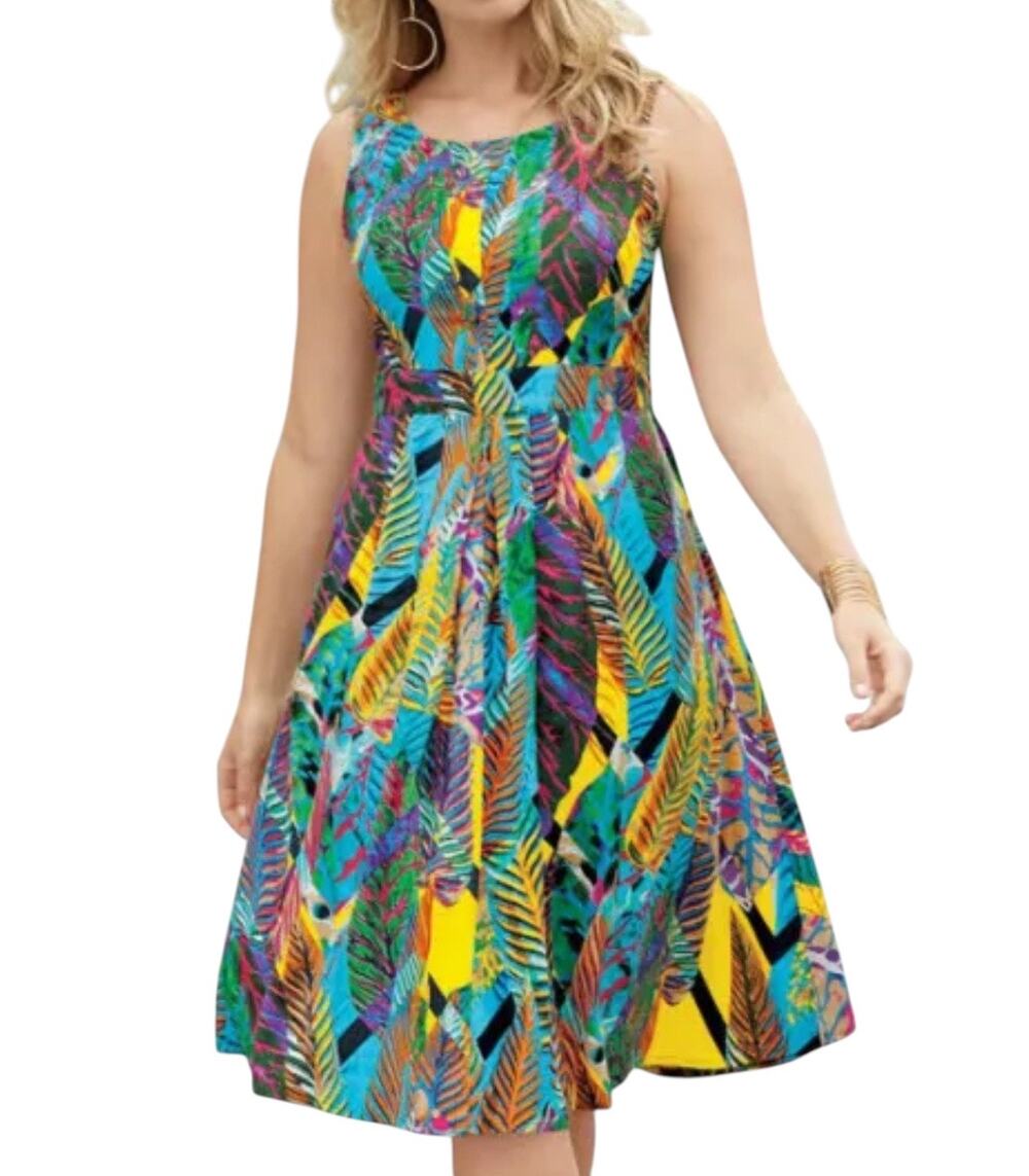 Monroe and Main Tropical Leaf Print Fit and Flare Midi Sundress Size 1X NWT